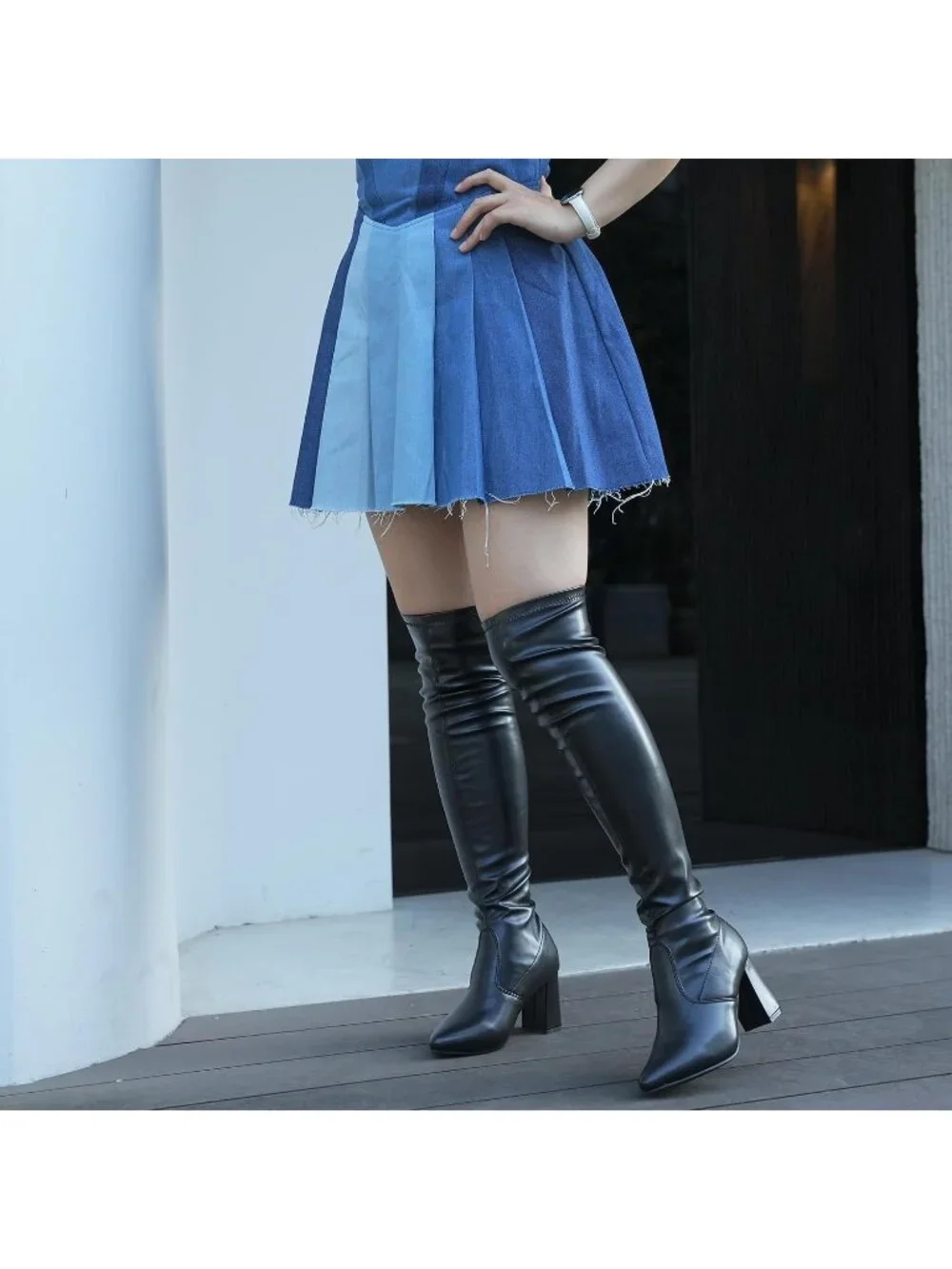 Women's Black Comfort Thigh High Pointy-toe and High-Heel Over The Knee Boots